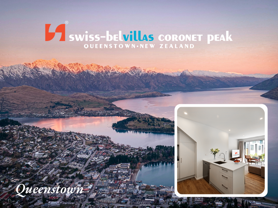 Swiss-Belsuites Pounamu in Queenstown, New Zealand. Scenic view of lake and mountains. Interior suite shot.