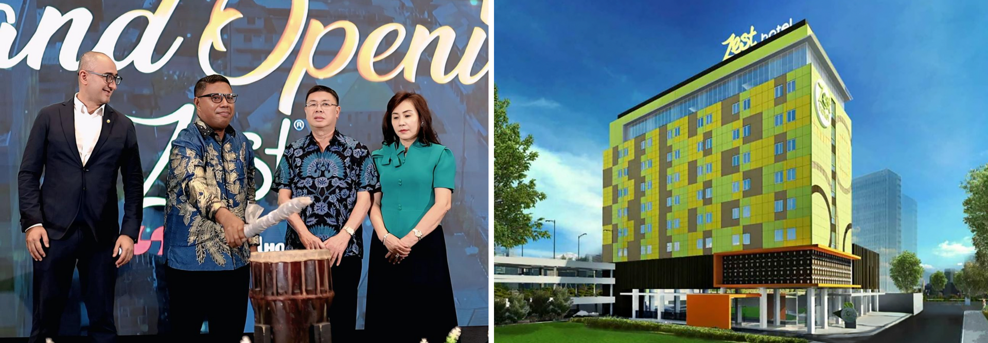 Four people at signing ceremony, two shaking hands. Backdrop reads 