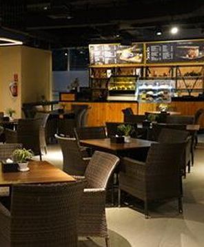 There are many tables and chairs in the restaurant.