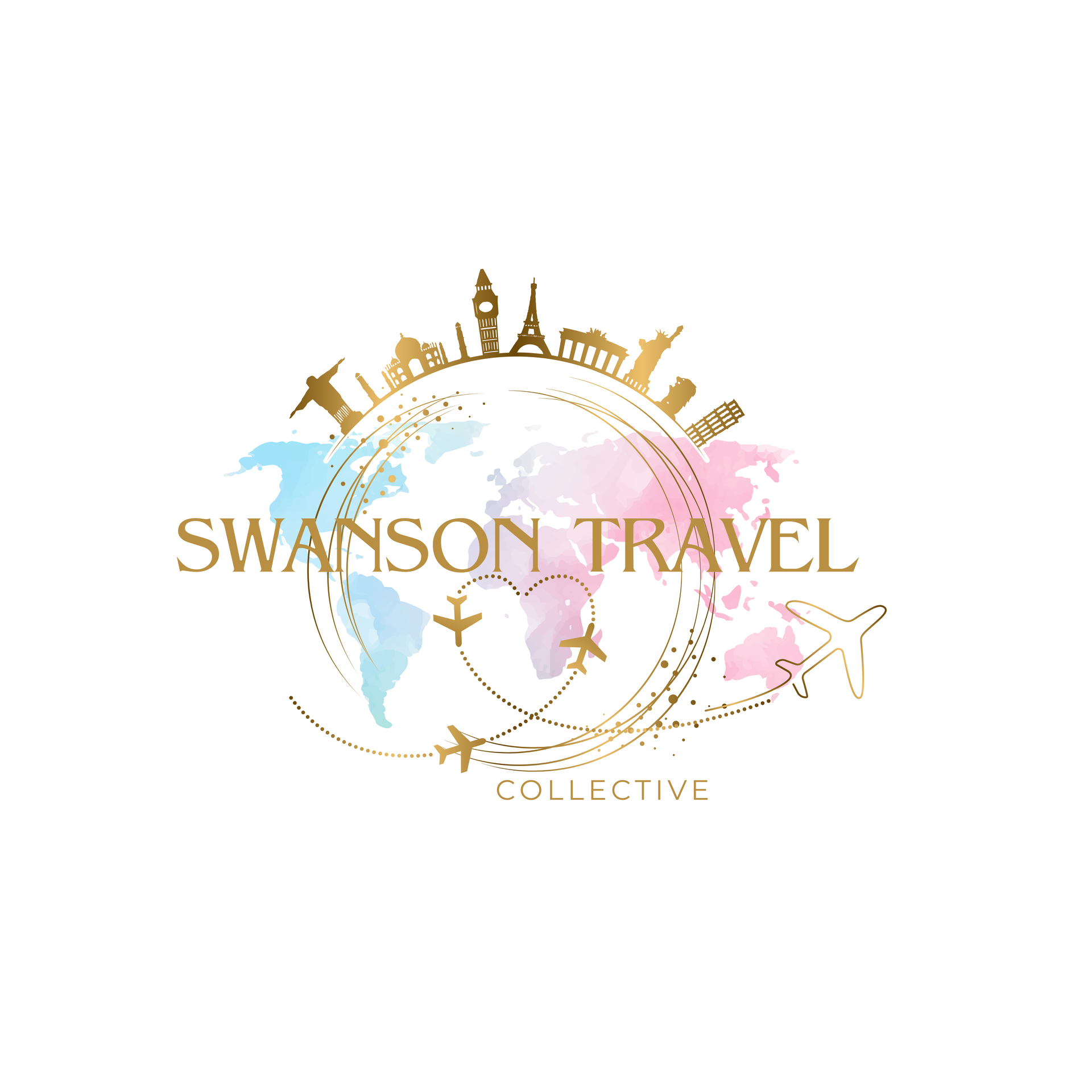 Gold "Vibe Vacations" logo with a watercolor world map, airplanes, and city skylines in gold.