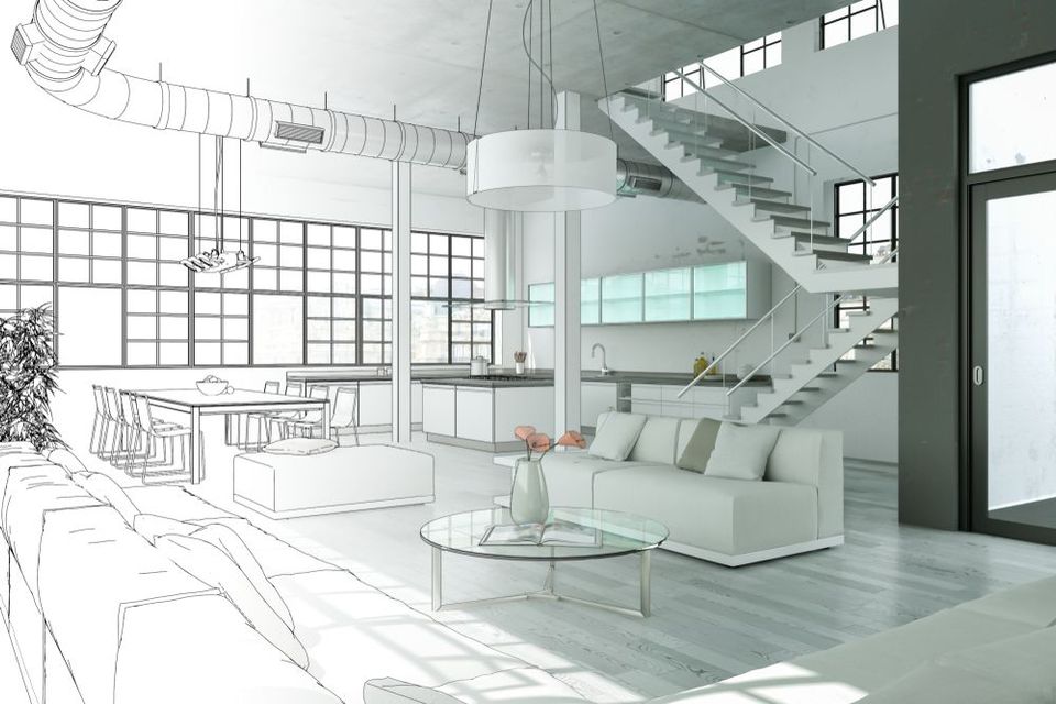Modern loft interior with partially sketched design, featuring white couches, staircase, and kitchen.