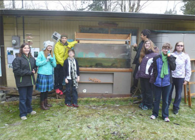 A group of Montessori children standing in front of an aquarium of salamon