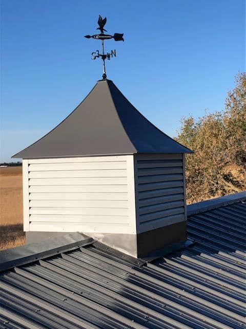 A weather vane is sitting on top of a roof.