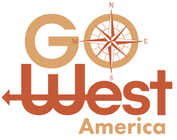 A logo for go west america with a compass on it
