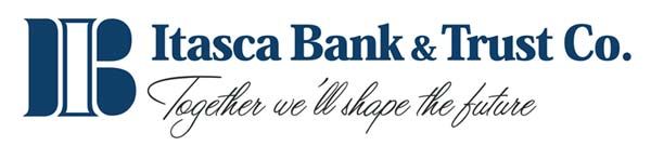 Logo for Itasca Bank & Trust Co., a blue monogram with bank's name and tagline "Together we'll shape the future" underneath.
