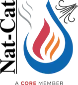 Nat-Cat logo: flame within a blue teardrop shape, with wisps of smoke and wind.