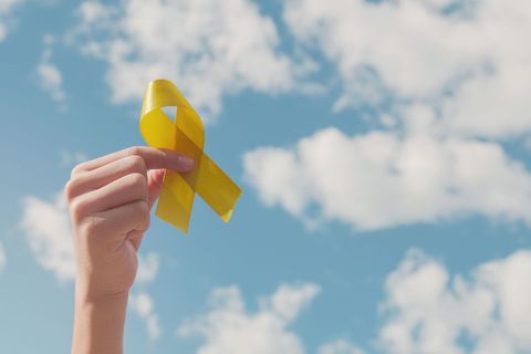 Hand holding a yellow ribbon against a blue sky with clouds.