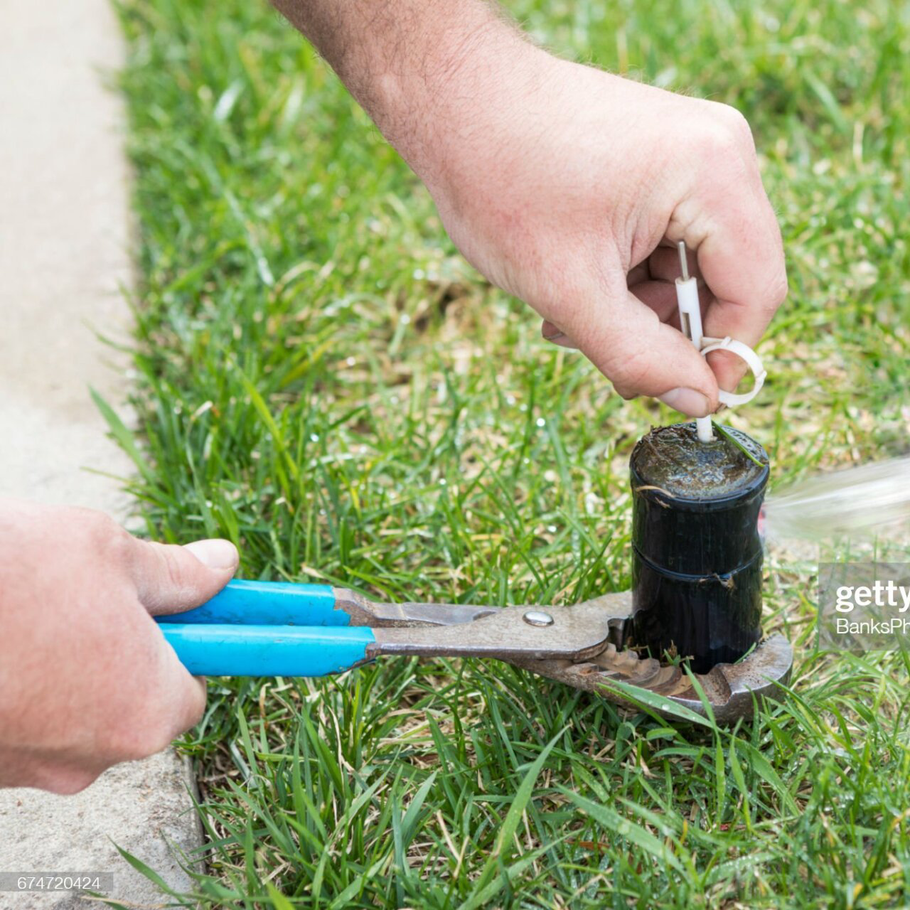 A person is holding a pair of scissors over a sprinkler.