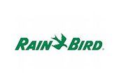 The rain bird logo is green and has a bird on it.
