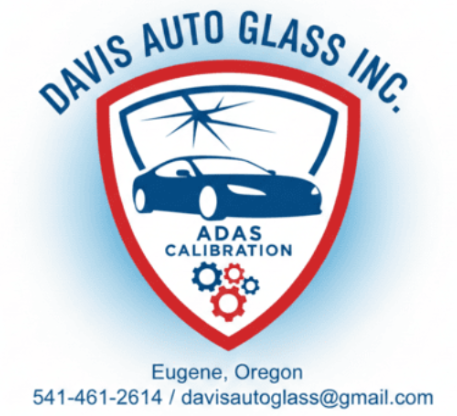 Logo for Davis Auto Glass Inc. with a car, gear icons, and ADAS Calibration text; includes contact info.