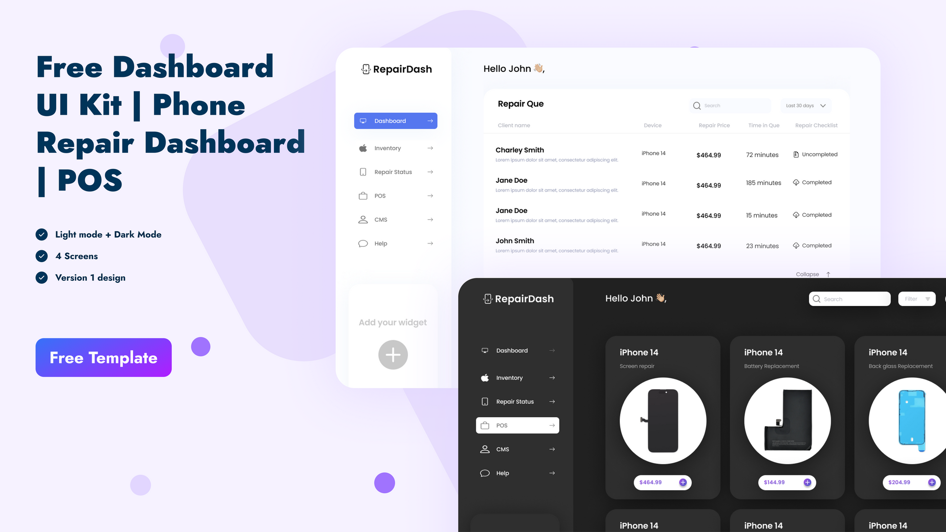 A free dashboard ui kit for a phone repair dashboard