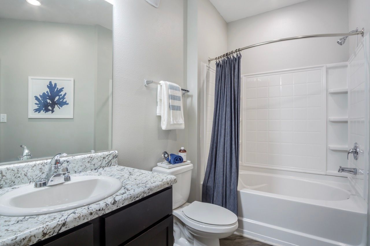 Bathroom with marble vanity, sink, toilet, and a tub/shower with a blue curtain.