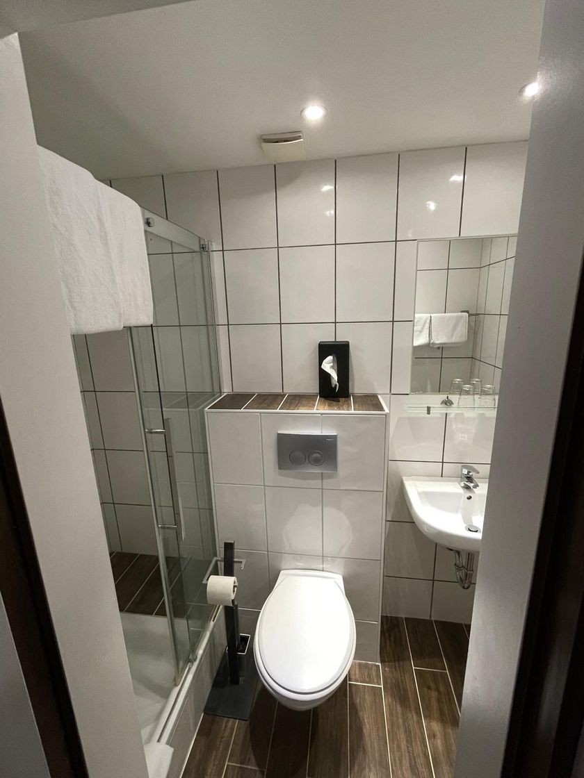 Ein Badezimmer mit Toilette, Waschbecken und Dusche.