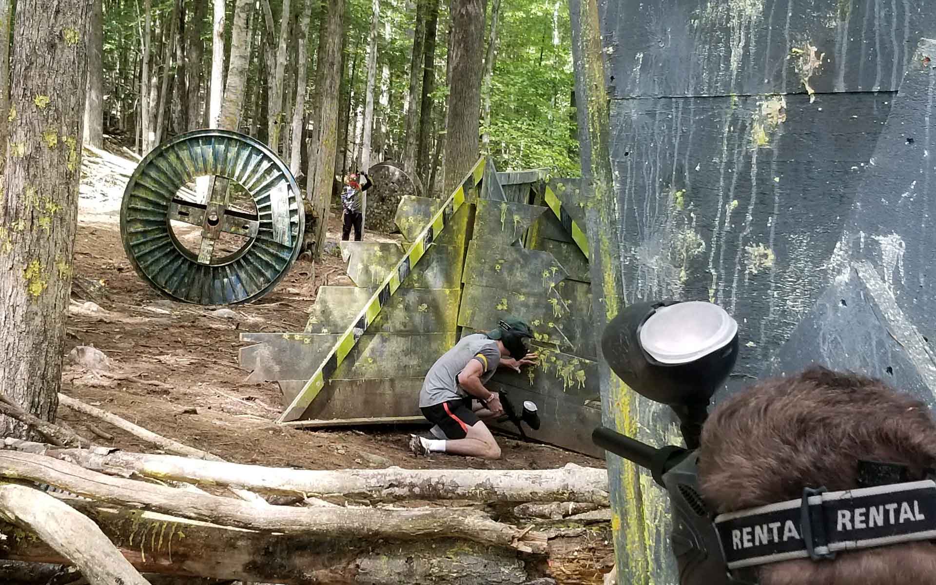 People playing paintball in a wooded area, using bunkers for cover.