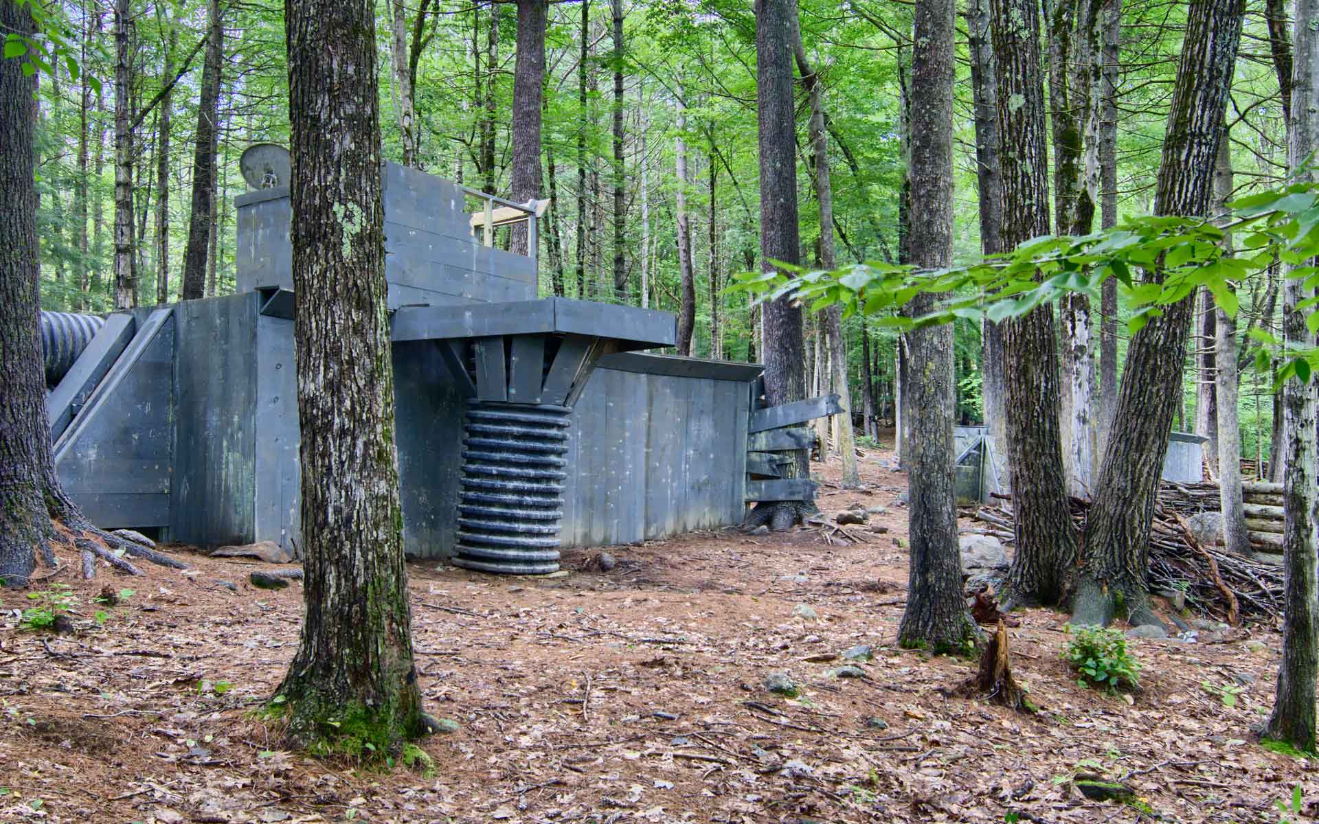 Grey bunkers in a forest, likely for paintball, surrounded by trees and fallen leaves.