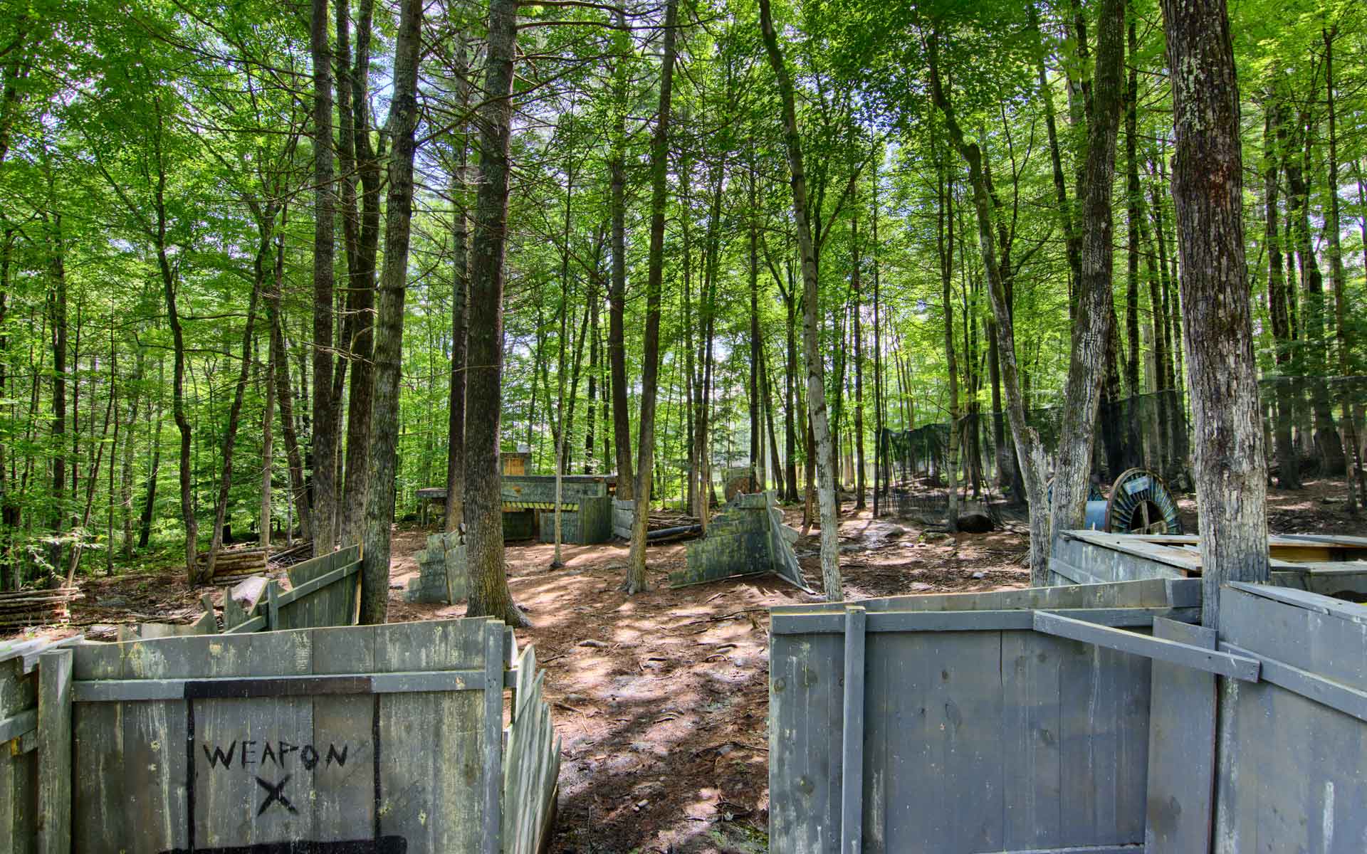 Paintball arena in a forest with wooden barriers and players.
