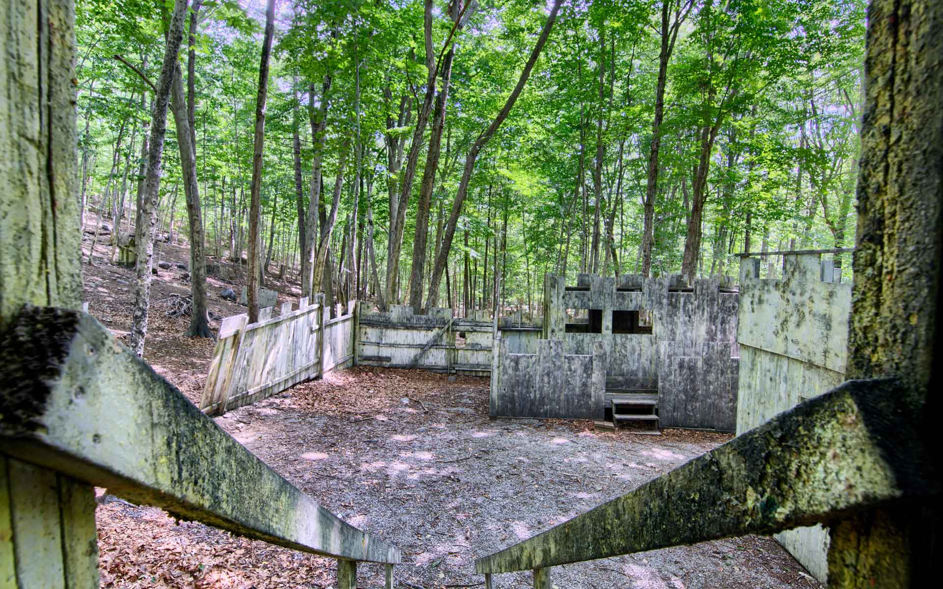 Paintball arena in a forest, with wooden structures and trees.