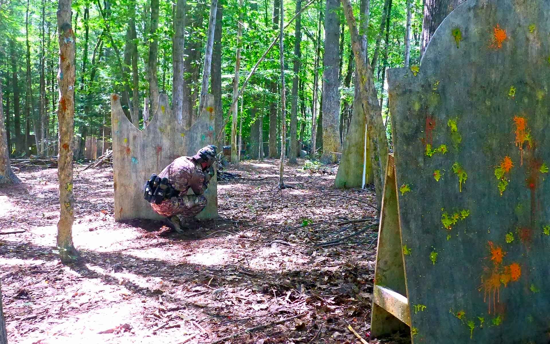 Person in camouflage crouches behind a wooden barrier in a paintball arena, trees in the background.