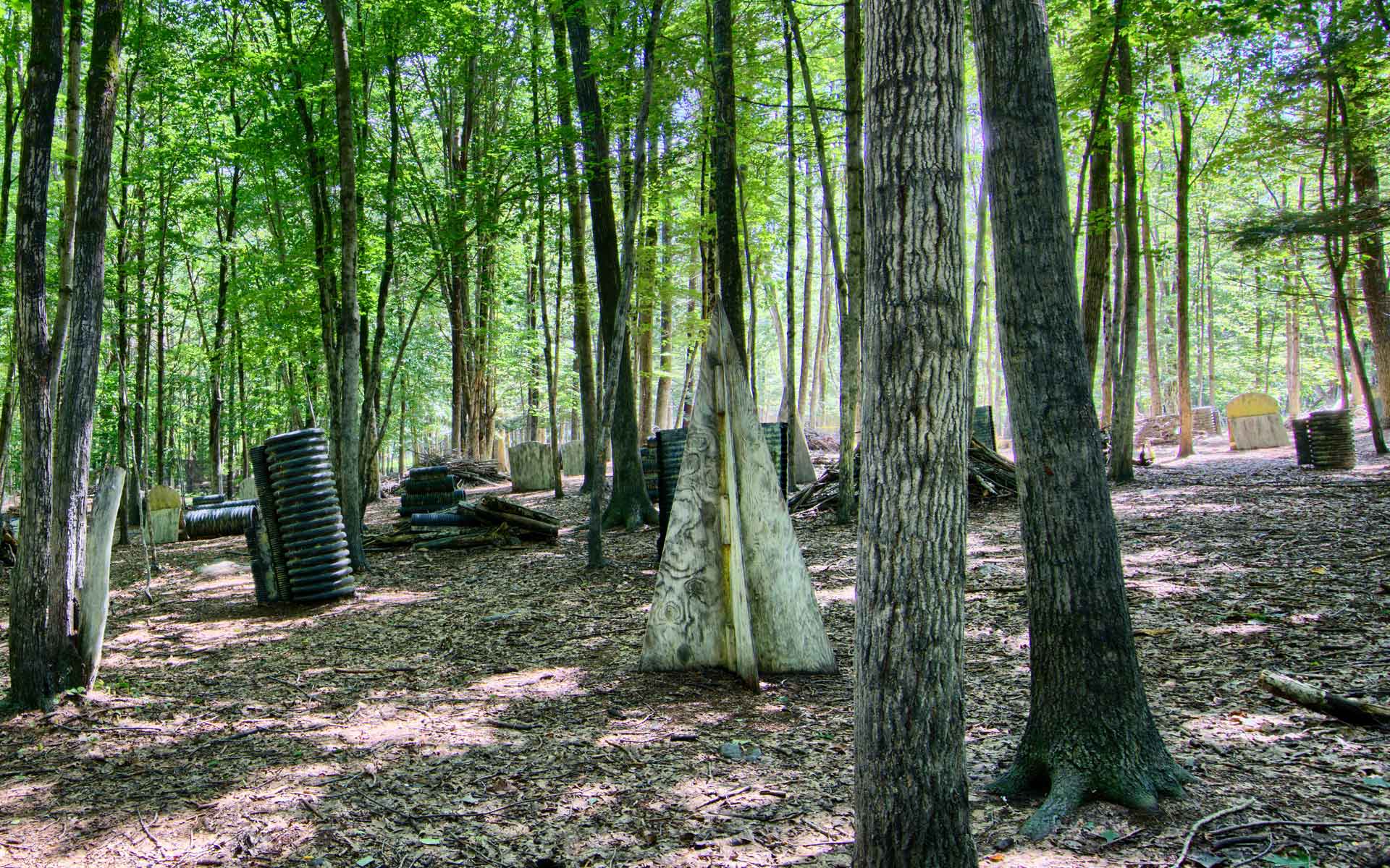 Paintball course in a forest, with various barriers and structures for cover.