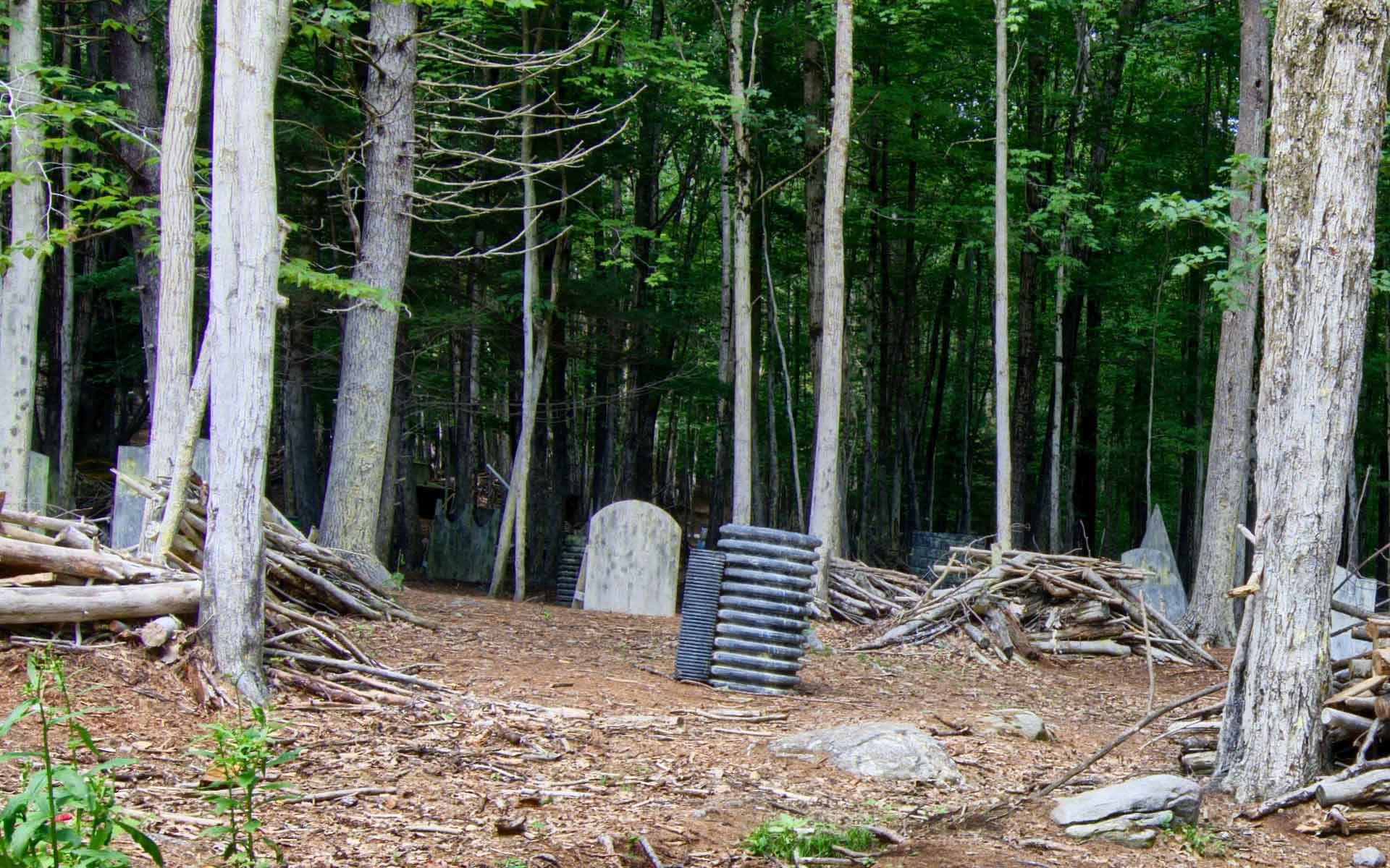 Paintball field in a forest, with tree trunk barriers and a stack of black boxes.