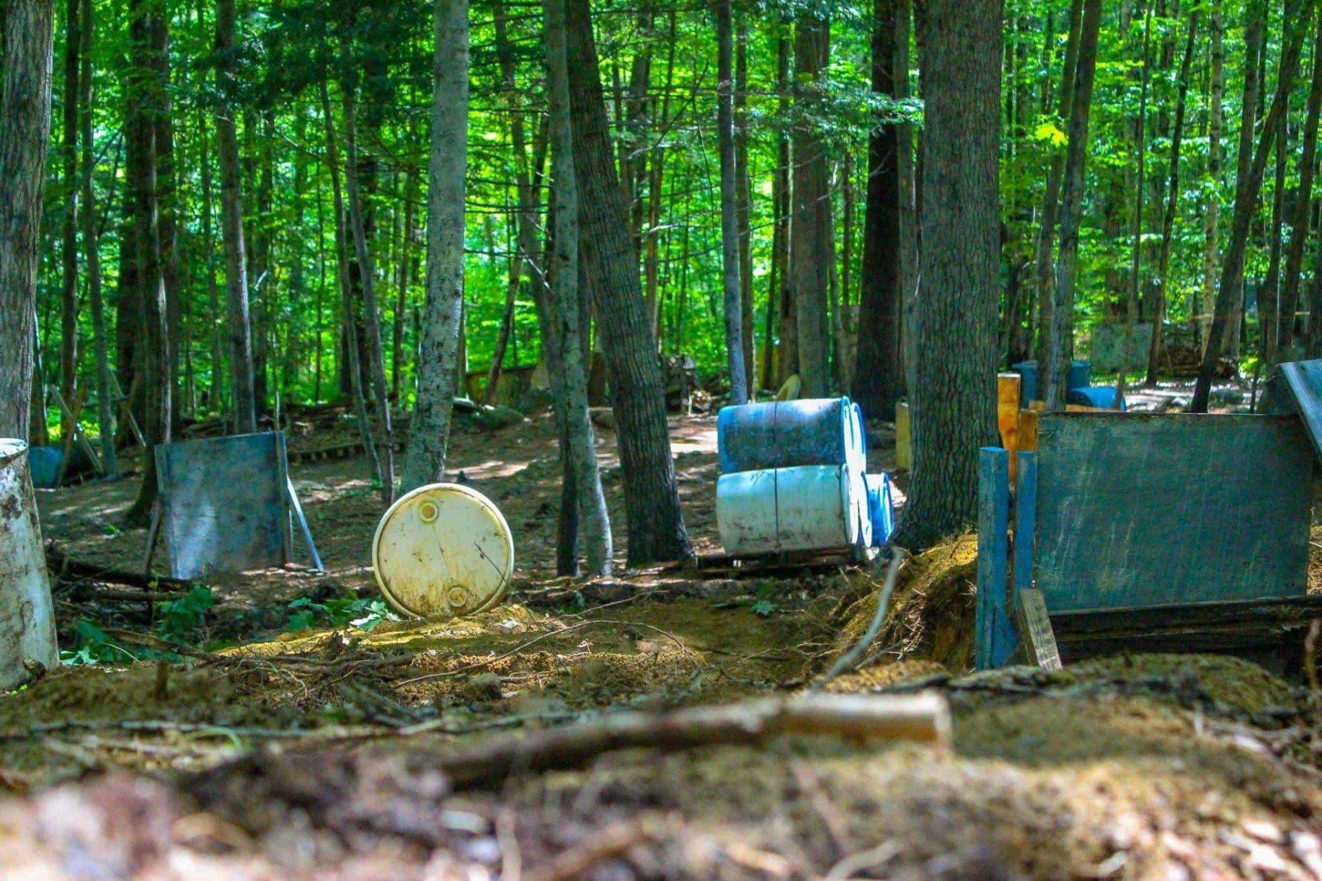 Paintball course in a forest, with obstacles and trees.