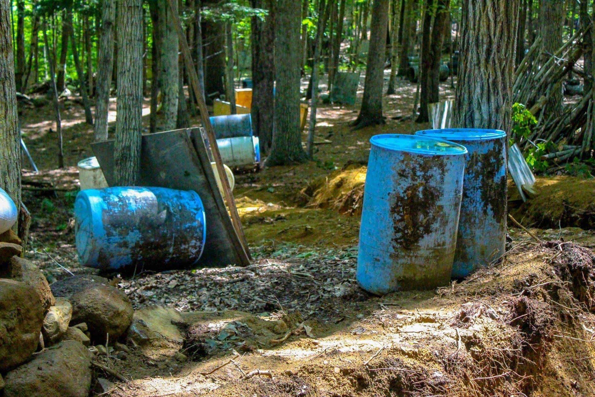 Paintball course in a forest with blue barrels as obstacles.