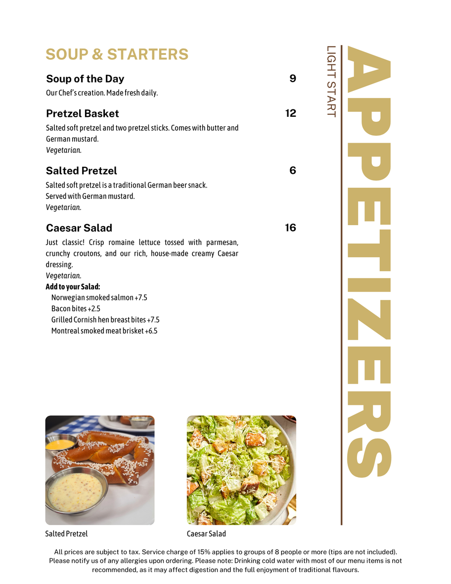 A menu for soup and starters and appetizers at a restaurant.