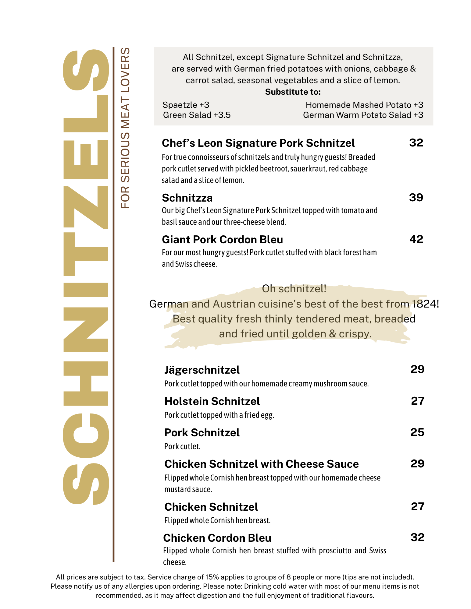 A menu for schnitzels at a restaurant with a list of foods.