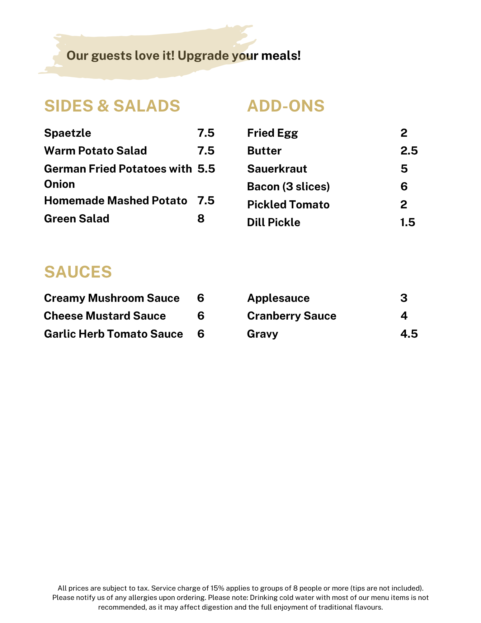 A menu for a restaurant with a list of sides and salads and sauces.