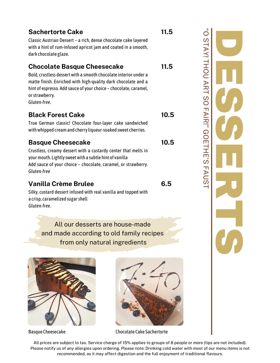 A menu for a restaurant shows a variety of desserts.