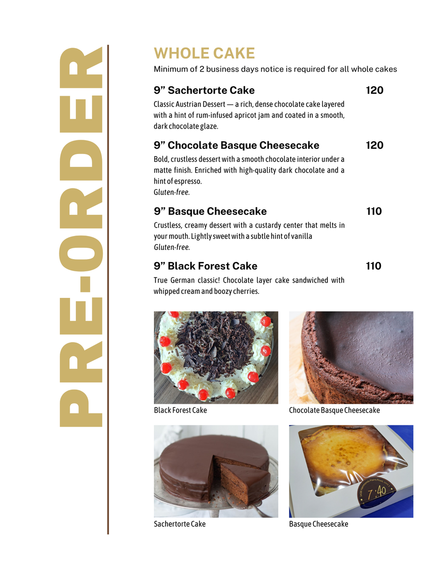 There are many different types of cakes on the menu.