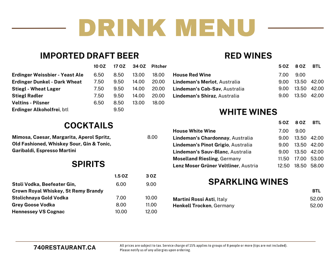 A drink menu for a restaurant includes imported draft beer , red wines , white wines , and sparkling wines.