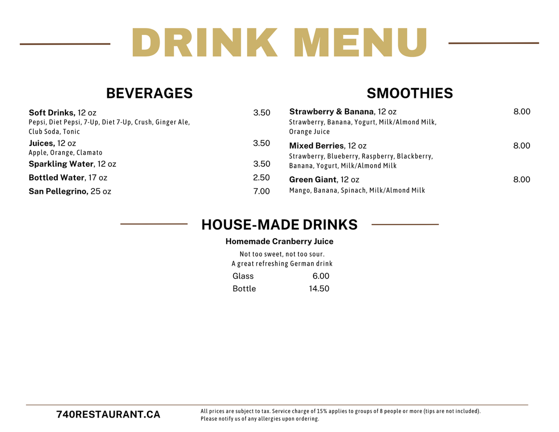 A drink menu for a restaurant with smoothies and house made drinks