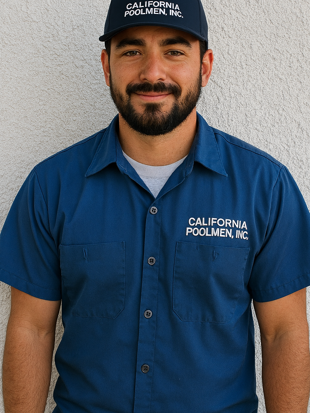 Man in blue uniform and cap, standing outdoors, with 