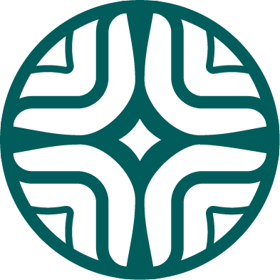 A teal circular logo featuring four mirrored, light blue L-shaped curves forming a central diamond-shaped void.