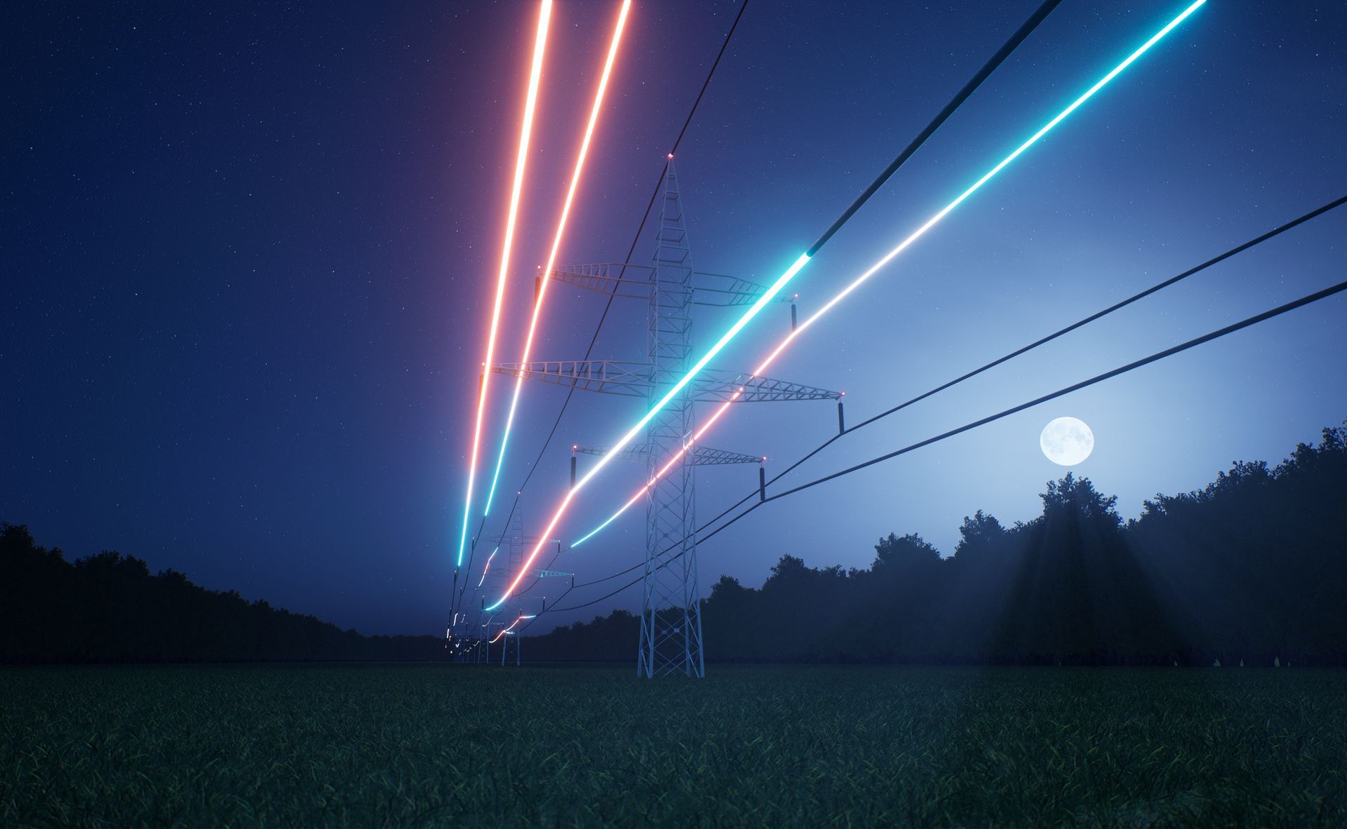 Power lines with neon beams streaking across the night sky, green field, dark trees, and a full moon.