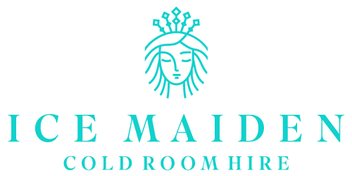 The logo for ice maiden cold room hire shows a woman with a crown on her head.