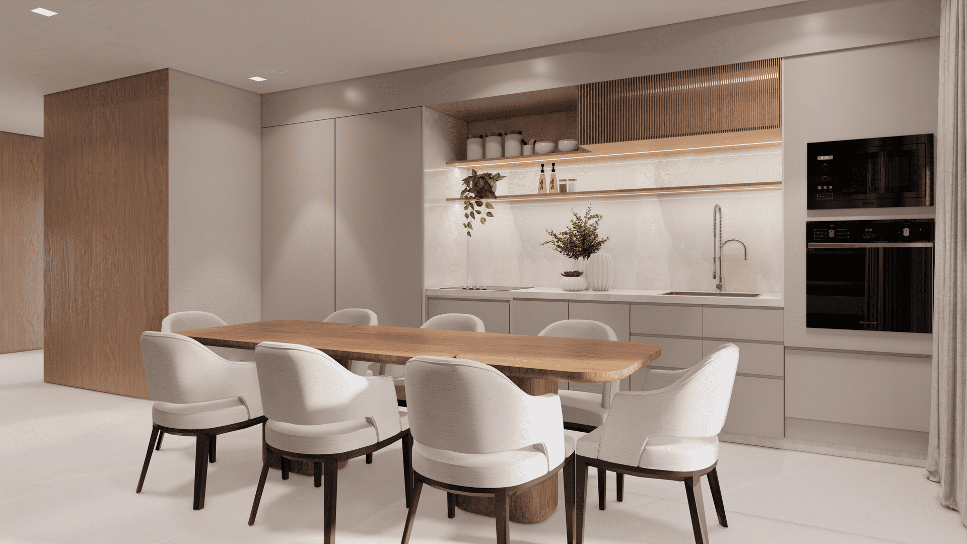 Uma sala de jantar com mesa e cadeiras em uma cozinha.