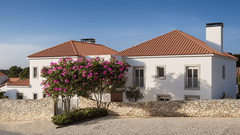 Uma casa branca com telhado de telha vermelha e um muro de pedra