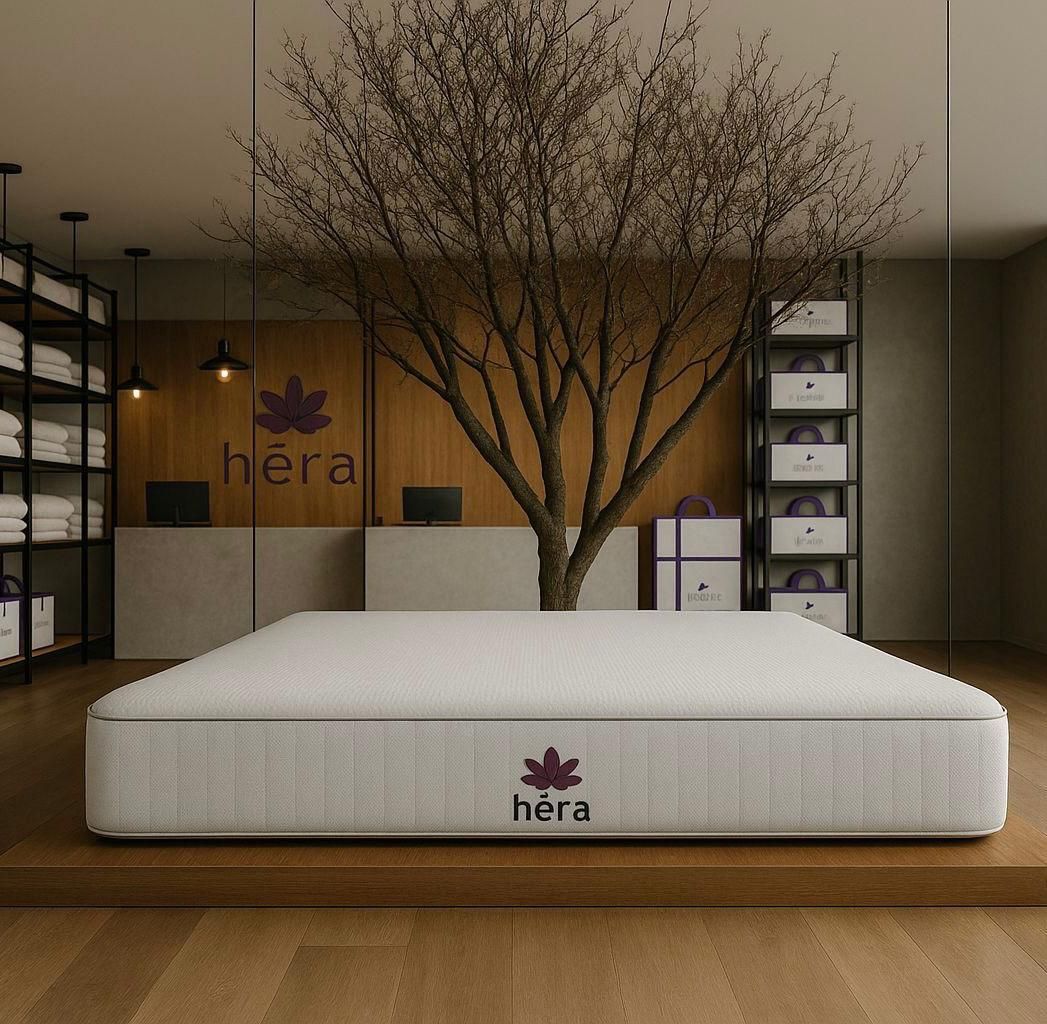 Um colchão branco está sobre um piso de madeira em uma sala com uma árvore ao fundo.