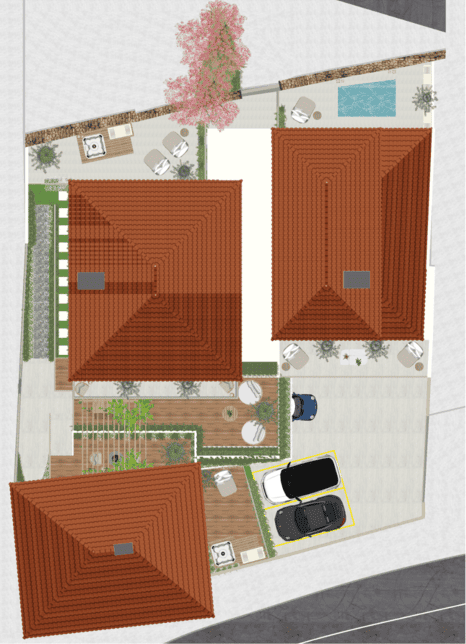 Uma vista aérea de uma casa com telhados vermelhos