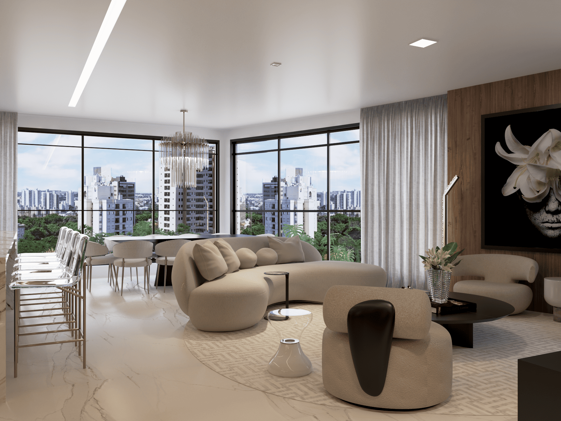 Uma sala de estar com um sofá, cadeiras, uma mesa e uma grande janela.