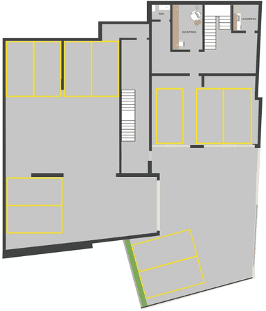 Uma planta baixa de um edifício com um estacionamento e escadas.