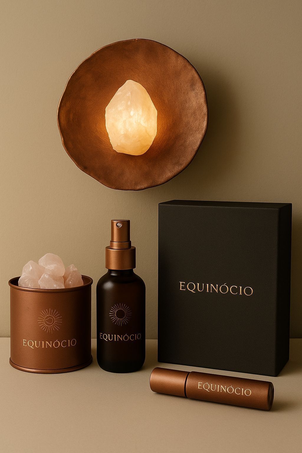 Um frasco de perfume está sobre uma mesa ao lado de uma tigela e uma caixa.