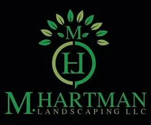 Green logo: "MH" inside a circle, leaves above. "M. HARTMAN LANDSCAPING LLC" below.