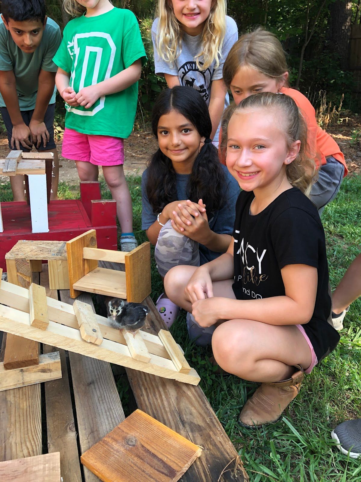 A group of children are playing with a wooden roller coaster.