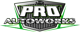 Logo for Pro Autoworks, text in white and silver, shield design with green accents.
