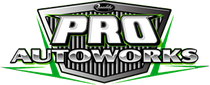 Logo for Pro Autoworks, text in white and silver, shield design with green accents.