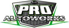 Logo for Pro Autoworks, text in white and silver, shield design with green accents.