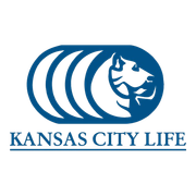 Kansas City Life logo: Blue oval with white tiger head, text 